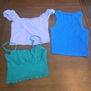 Lot of 3 Womens Crop Tops Lilac Lace Blue Ribbed Teal Smocked Tank Cami Bundle